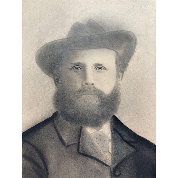 Antique Victorian Charcoal Chalk Sepia Portrait Of Bearded Man In Hat - Picture 2 of 7